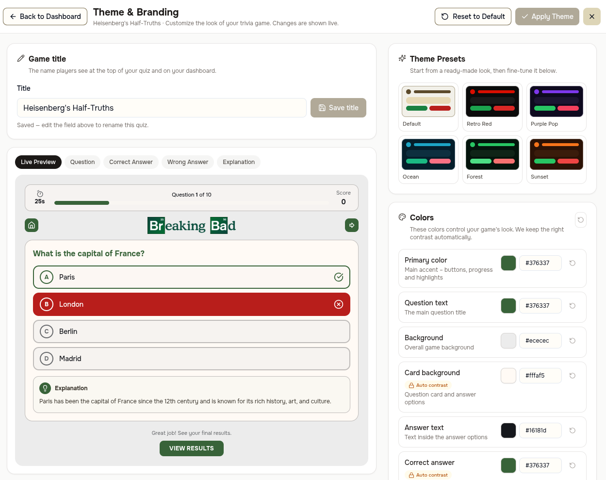 Theme and branding editor with a live question preview and color controls